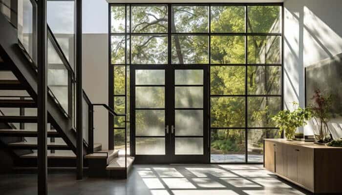 Elegant entryway featuring floor-to-ceiling aluminium windows and doors that enhance natural light and design โ premium Aluminium Windows in Scotland.