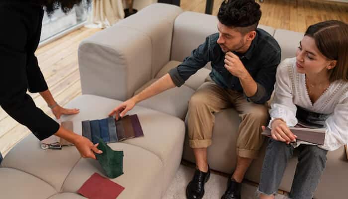 Interior designers reviewing color samples for modern home décor and luxury Rugs Dubai to match contemporary living spaces.