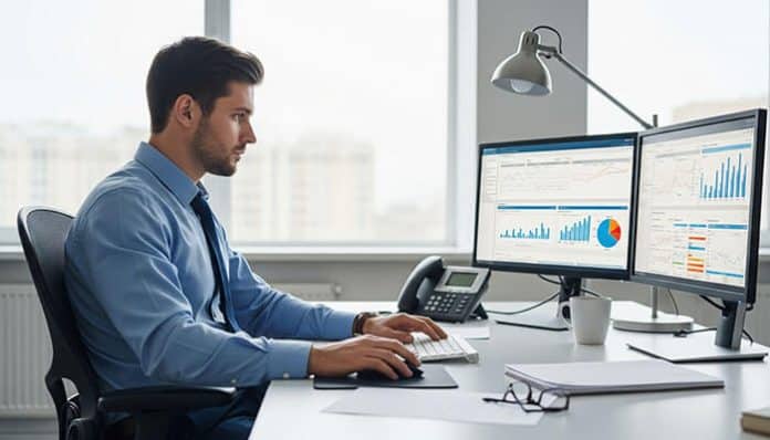 A business professional analyzing performance data on dual monitors in a modern office, using asset tracking software to monitor company equipment and productivity.