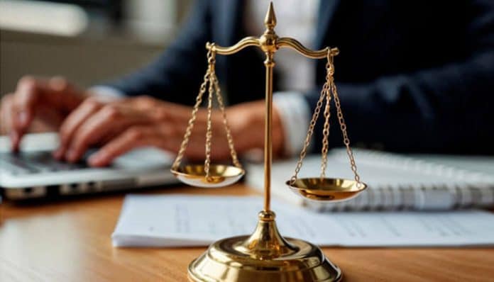 A close-up of a legal scale with a personal injury lawyer working on a laptop in the background, symbolizing justice and legal guidance in personal injury cases.