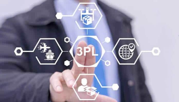 A person interacting with digital logistics icons representing affordable 3PL fulfillment solutions and supply chain management.