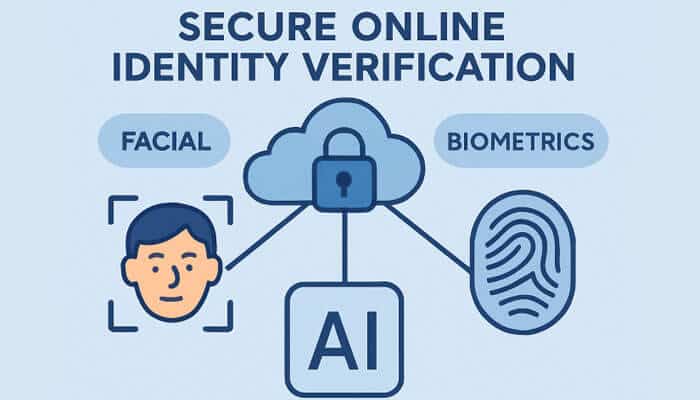 An illustration showing facial recognition, biometrics, and AI connected by a secure lock, representing advanced digital identity verification and online security.