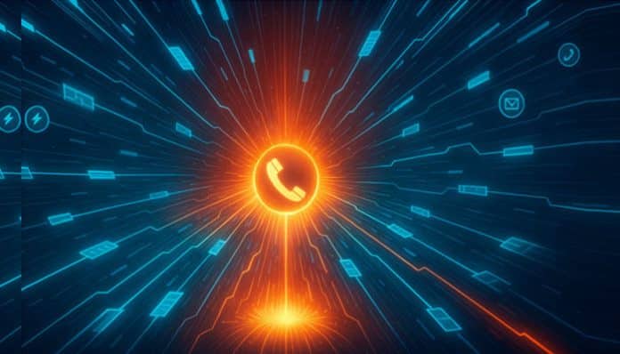 A glowing digital phone icon surrounded by futuristic network lines, representing advanced calling technology and the best power dialer tools