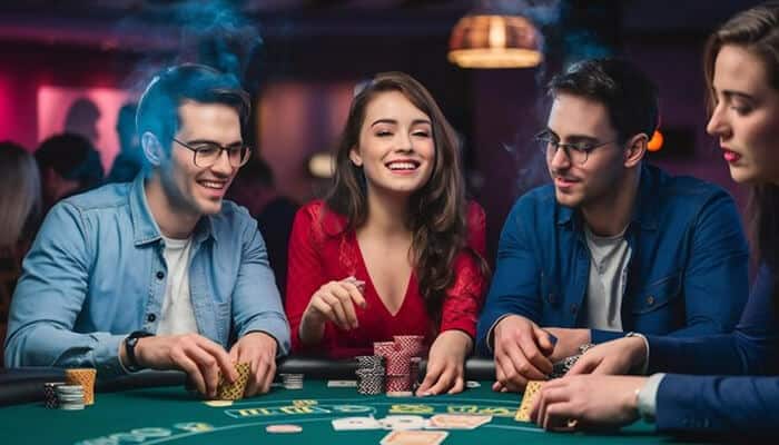 Group of young players enjoying a poker game at a lively casino table, illustrating the excitement and social side of Crypto E-Sports Casino Games.