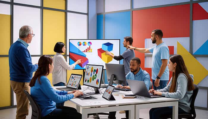 A professional team collaborating on a professional product launch strategy with data charts and visuals displayed on a screen during a strategy meeting