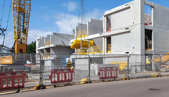 Temporary fencing surrounding an active construction site, showcasing Temporary Fencing for safety, security, and compliance during building projects.
