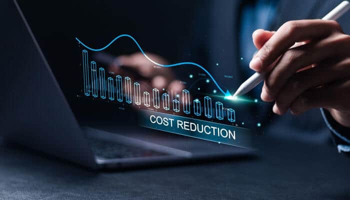 A business professional using digital tools to analyze cost reduction graphs, showcasing how a fractional controller improves cash flow management.