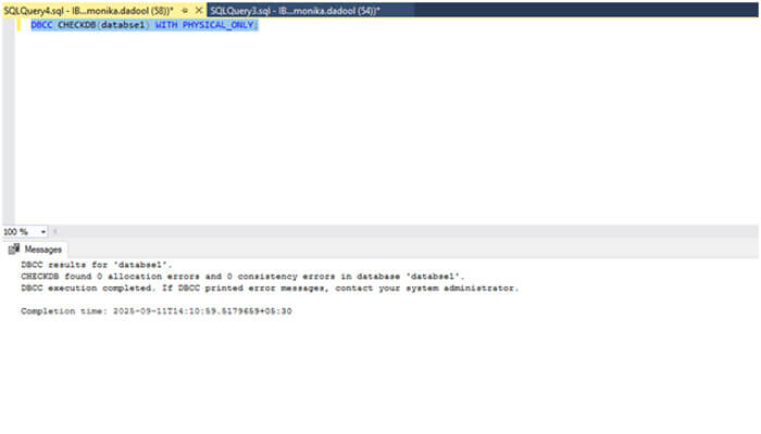 DBCC CHECKDB - Startupeditor | Startup Editor SQL Server screen showing the DBCC CHECKDB Command with PHYSICAL_ONLY option used to check physical consistency and detect database corruption issues.