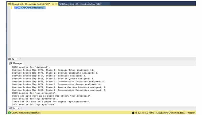 DBCC CHECKDB - Startupeditor | Startup Editor SQL Server Management Studio window displaying results of the DBCC CHECKDB Command used to check database integrity and detect corruption issues.