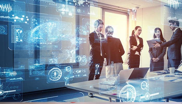 Business team discussing strategies in a tech-enabled workspace showcasing smart security and communication technologies for Dallas Business Solutions.