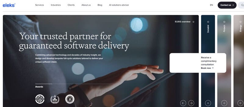 Eleks website homepage showing software development and consulting services, emphasizing AI-powered design solutions that enhance UX in E-Commerce platforms.