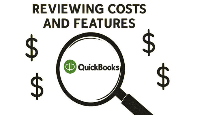 A magnifying glass examining QuickBooks costs and features, symbolizing ways to reduce QuickBooks subscription costs.