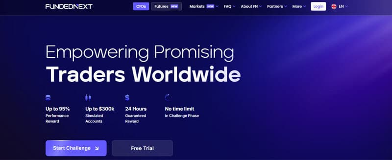 FundedNext website highlighting their offerings for traders, promoting it as one of the best prop firms in the USA with performance rewards and flexible challenge options