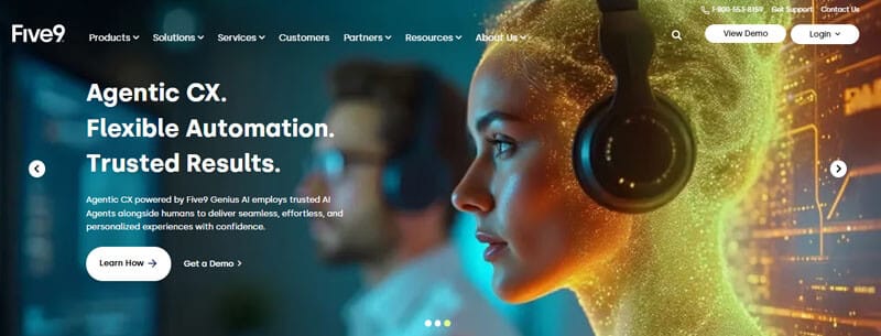 Five9 website homepage displaying AI-powered customer experience solutions, highlighting its role among the best power dialer tools