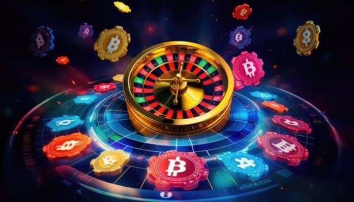 Golden roulette wheel surrounded by floating Bitcoin and crypto tokens, symbolizing innovation and digital play in Crypto E-Sports Casino Games.