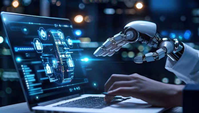 Future trends in association management are illustrated through AI technology and a robotic hand assisting a professional working on a laptop.
