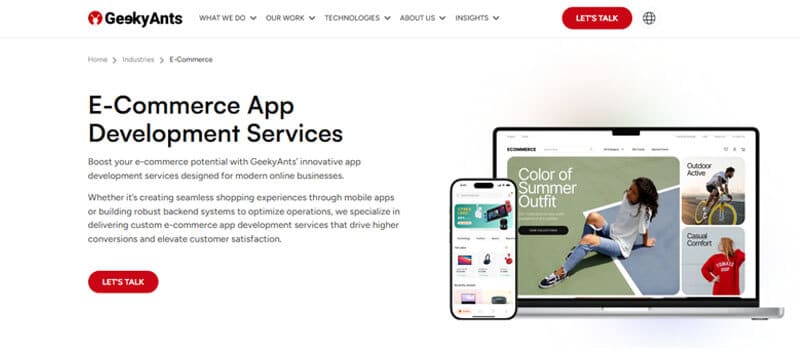GeekyAnts website showcasing e-commerce app development services on laptop and smartphone screens, representing innovative design and enhanced UX in E-Commerce
