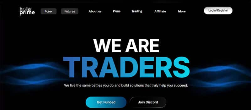 Hola Prime website showcasing their services for traders, highlighting it as one of the best prop firms in the USA offering funding and trader support