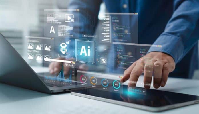 A person is using a tablet and laptop with holographic AI interfaces and data visualizations, showcasing AI in customer interactions