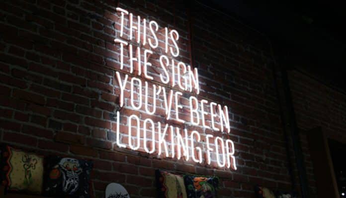 A neon business sign on a brick wall with the message This is the sign you’ve been looking for, emphasizing the power of custom business signage for brand identity.