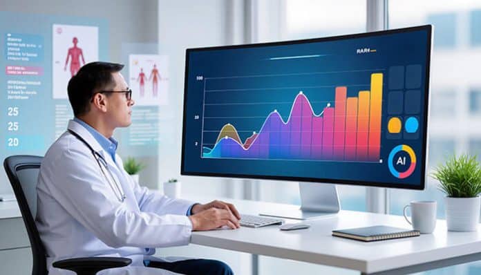 Healthcare professional analyzing data on a large screen, showcasing AI-powered analytics and performance metrics, highlighting the role of EAM in Healthcare Industry
