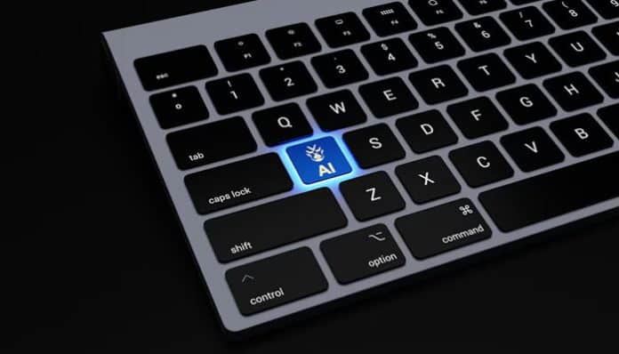 A keyboard with a glowing AI key representing Generative AI For 24/7 Support enabling automated, intelligent customer assistance.