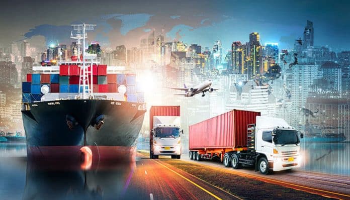 The future of logistics in Indiana is represented by a dynamic scene featuring ships, trucks, and airplanes set against a bustling city skyline