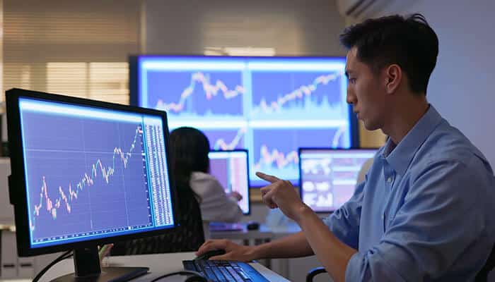 An investor analyzing stock market charts on multiple screens, focusing on data to assess the balance between intrinsic value vs market sentiment in investment decisions.