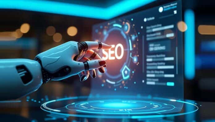 A robotic hand interacts with an AI-powered SEO interface on a digital screen, representing Wildnet Technologies SEO company in Delhi driving smart optimisation.