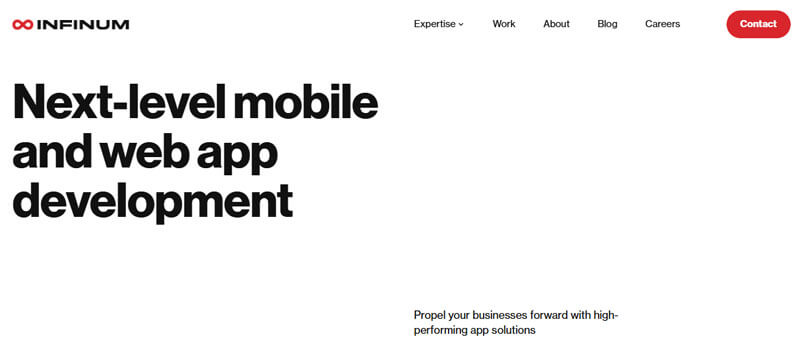 Infinum website homepage displaying next-level mobile and web app development services, highlighting innovative digital solutions that enhance UX in E-Commerce.