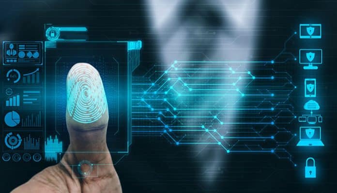 A close-up of a fingerprint being scanned with digital data graphics, representing advanced biometric technology and identity verification in digital security.