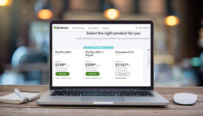 A laptop screen displaying QuickBooks pricing plans, illustrating options businesses can review to reduce QuickBooks subscription costs