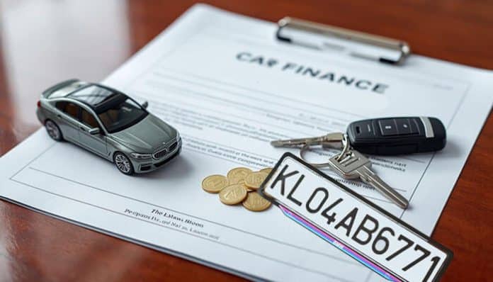 A toy car, keys, coins, and a number plate placed on a car finance document, visually explaining how to add a private plate on my finance car