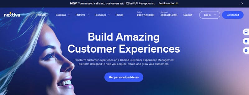Nextiva website homepage showcasing customer experience solutions, a leading platform featured among the best power dialer tools