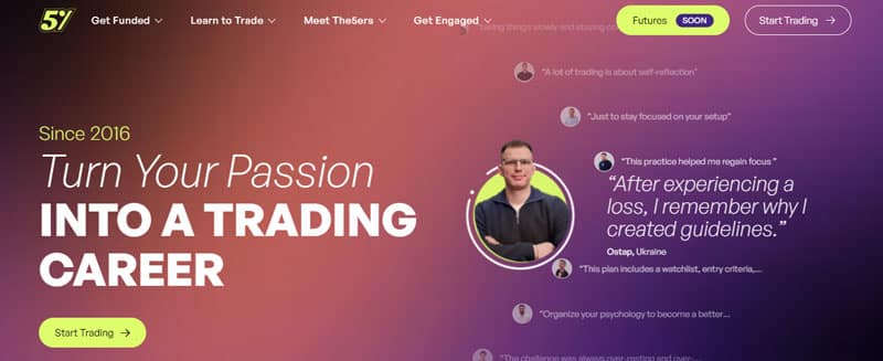 The 5%ers website promoting their prop trading opportunities, offering traders a pathway to turn their passion into a career, positioning them as one of the best prop firms in the USA