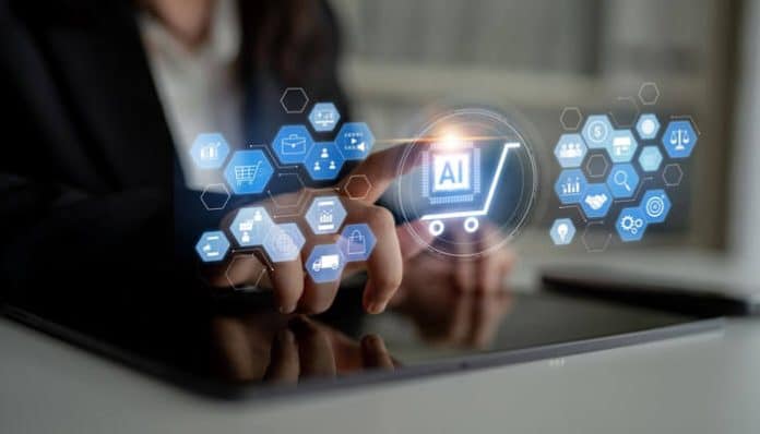 Business professional using a tablet with AI and digital icons, representing artificial intelligence transforming predictive personalization and UX in E-Commerce.