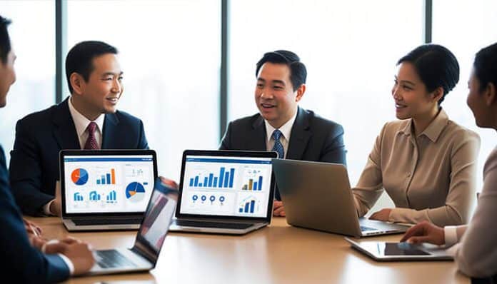 Business professionals discussing growth charts in a meeting, representing collaboration and trust in relationship-driven startups focused on long-term success.