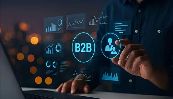 Business professional using digital analytics on a laptop with B2B icons and charts, representing data-driven strategies in dynamic pricing for B2B Amazon sellers.
