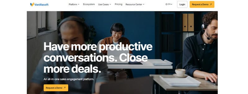 Vanillasoft website homepage highlighting productive sales conversations, showcasing its platform as one of the best power dialer tools