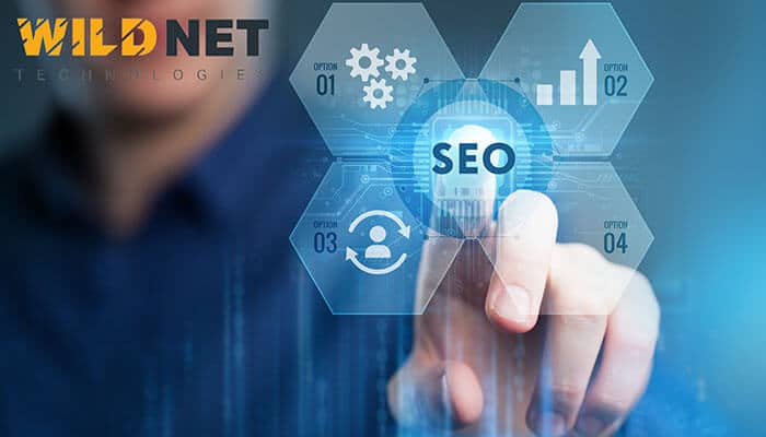 A business professional touches a digital SEO interface showcasing data and analytics, representing Wildnet Technologies SEO company in Delhi improving online visibility