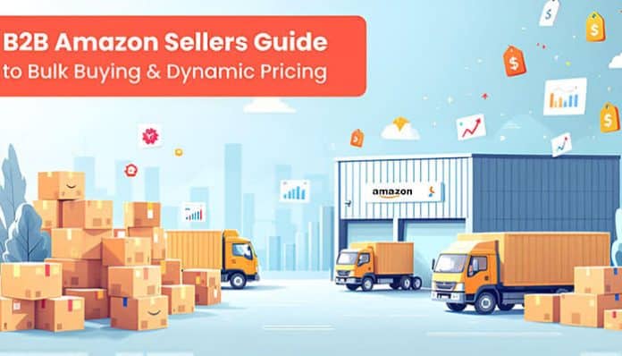 Illustration showing warehouses, delivery trucks, and boxes labeled Amazon, representing bulk order management and automation in dynamic pricing for B2B Amazon sellers.