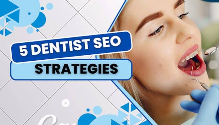 Dentist SEO Strategies illustration showing dental treatment concept and digital marketing approach to improve dental practice online visibility