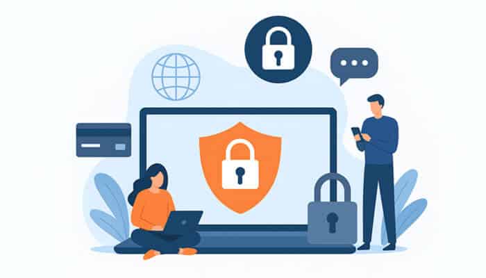 Illustration of people using laptops and mobile devices with security icons, representing how to protect your privacy online.