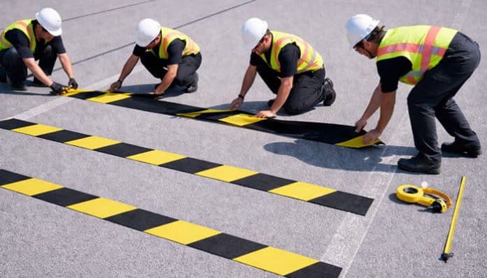 Workers installing temporary rumble strips on the road surface, a key method for improving road safety and alerting drivers to changes in conditions