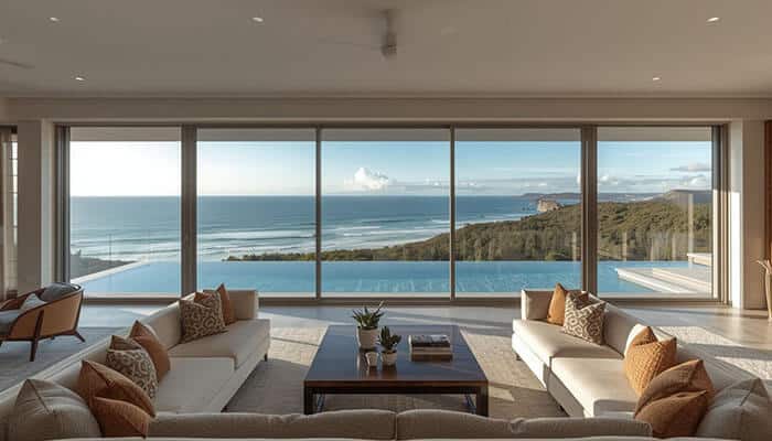 Luxury Byron Bay accommodation interior featuring spacious living area and ocean views
