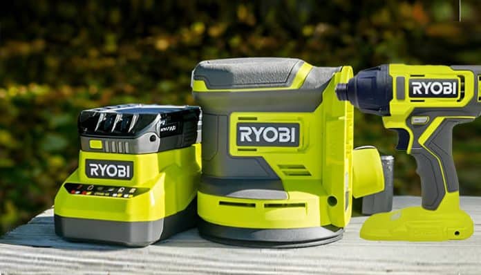RYOBI tools including a battery, sander, and drill, showcasing the brand's versatile and reliable equipment for DIY and home improvement projects