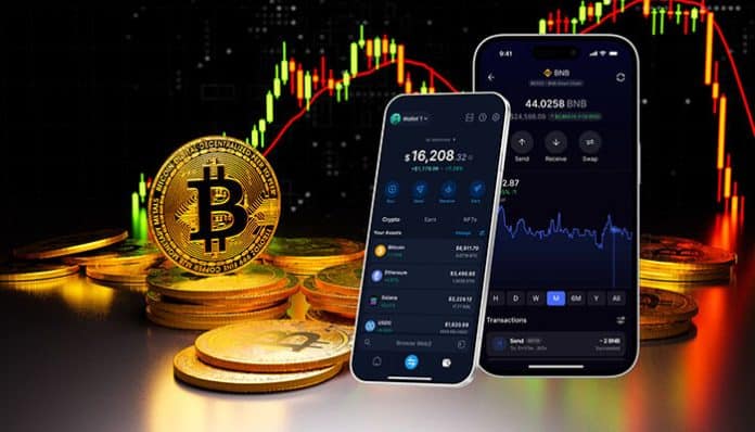 Crypto App in Australia with Bitcoin and mobile phones showing cryptocurrency charts