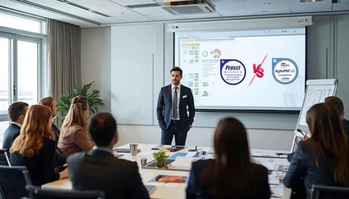 Business presentation comparing AIM vs Prosci, showcasing a leader presenting the differences between the two change management methodologies to a group