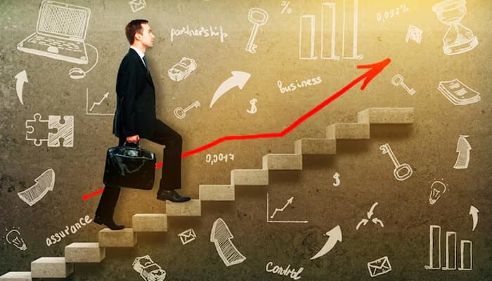 An ambitious entrepreneur climbing the stairs to success, symbolizing growth, progress, and the strategic steps necessary for achieving business goals and success
