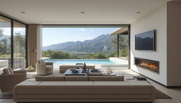 Modern living room with stunning views, showcasing the results of Arizona home and office remodeling for creating beautiful and climate-adapted spaces